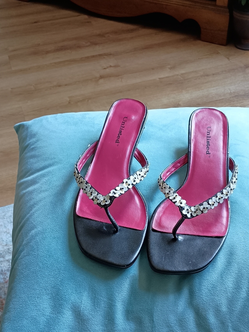 Unlisted Black and Pink Floral-Embellished Thong Sandals